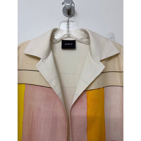 Akris Mural Print Open Front A Line Coat Jacket Red Beige Colorblock Geometric 6 - Picture 4 of 16